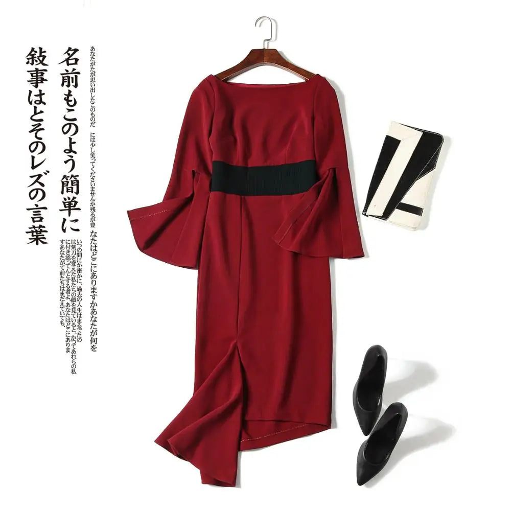 New irregular waist-tightening dresses red medium-length dress for solid slash neck flare sleevebanquet in 2025