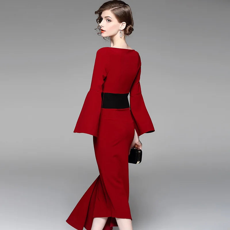 New irregular waist-tightening dresses red medium-length dress for solid slash neck flare sleevebanquet in 2025