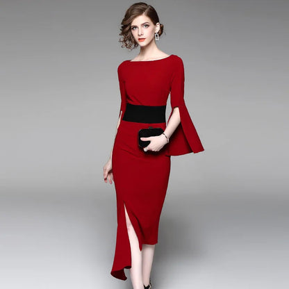 New irregular waist-tightening dresses red medium-length dress for solid slash neck flare sleevebanquet in 2025